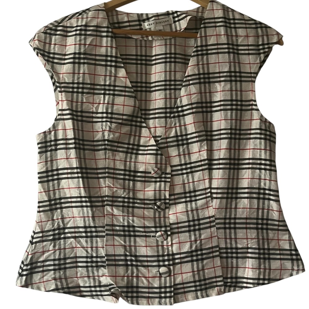 Kent Nielsen‎ Women's M Beige Red Black Plaid Silk Sleeveless Button Front Top